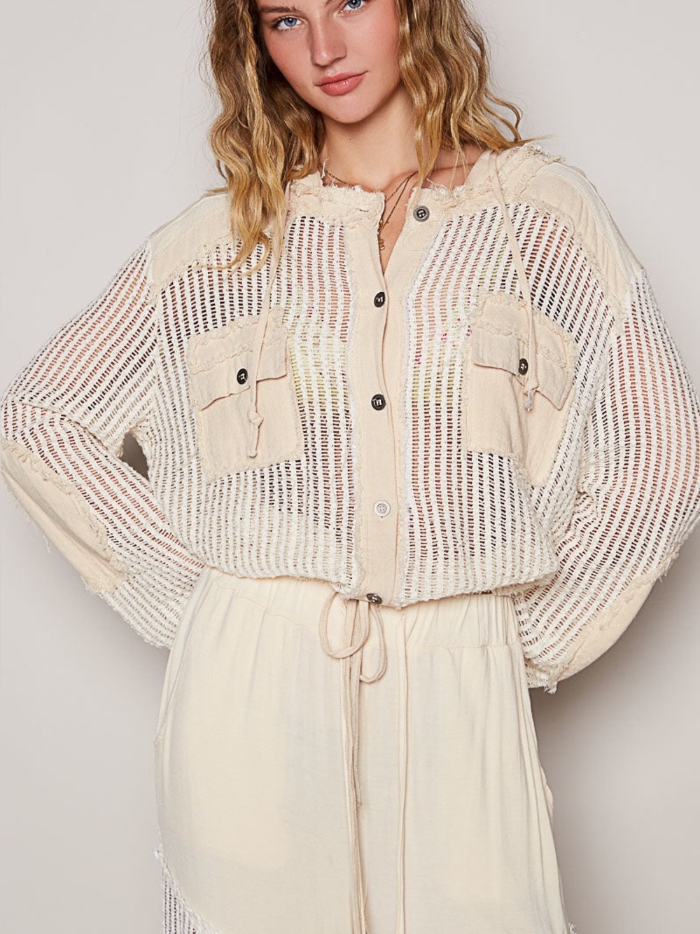 POL Open Knit Crochet Contrast Hooded Shacket with Frayed Edges Cream sze Medium